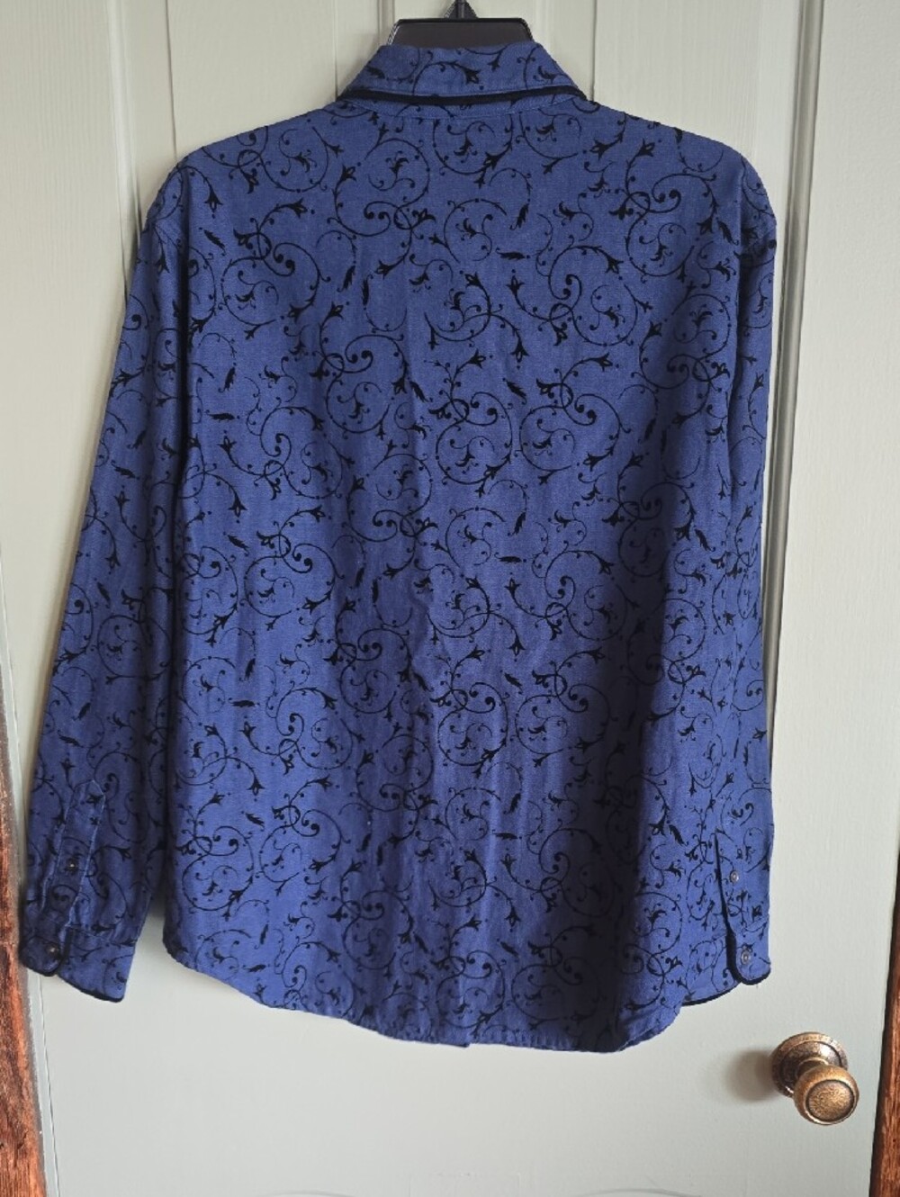 Talbots Womens Blue Button-Down Shirt with Black Scroll Pattern - Picture 2 of 6